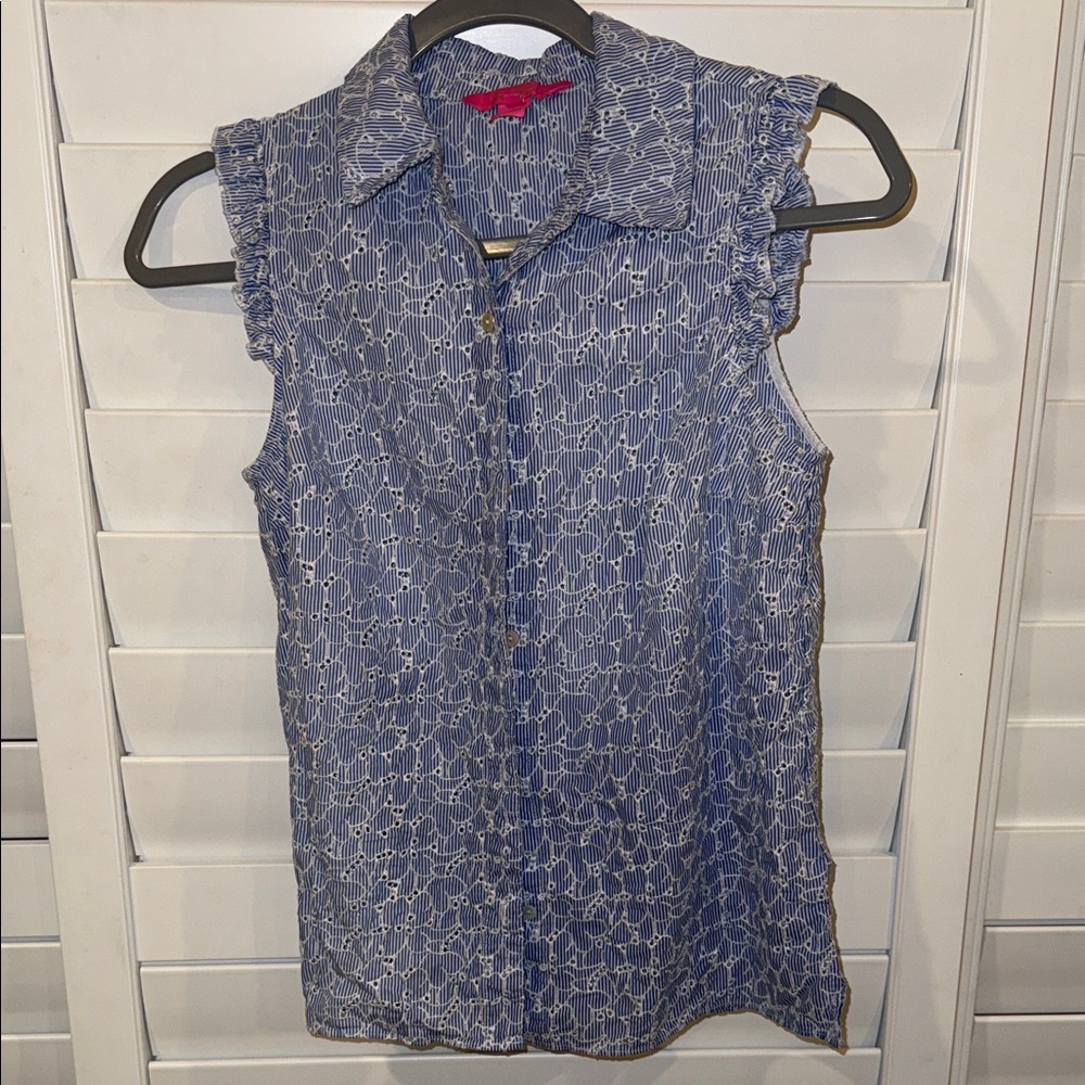 Lilly Pulitzer Navy and White Sleeveless Button-Down 0